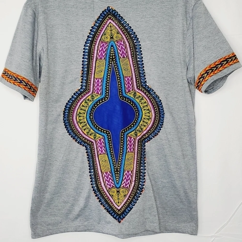 Hoykawim Graphic Cotton Tee Size XL Gray Short Sleeve African Print Shirt - Picture 3 of 10